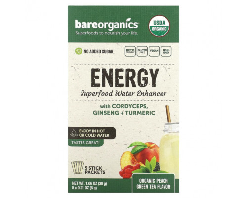 Сохранение молодости и долголетие BareOrganics, Energy, Superfood, добавка воды, органический зеленый чай с персиком, 5 пакетиков в стиках, 6 г (0,21 унции) Сохранение молодости и долголетие BareOrganics, Energy, Superfood, добавка воды, органический зеленый чай с персиком, 5 пакетиков в стиках, 6 г (0,21 унции)