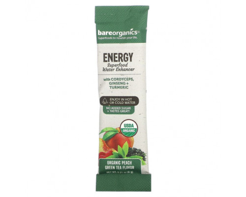 Сохранение молодости и долголетие BareOrganics, Energy, Superfood, добавка воды, органический зеленый чай с персиком, 5 пакетиков в стиках, 6 г (0,21 унции) Сохранение молодости и долголетие BareOrganics, Energy, Superfood, добавка воды, органический зеленый чай с персиком, 5 пакетиков в стиках, 6 г (0,21 унции)