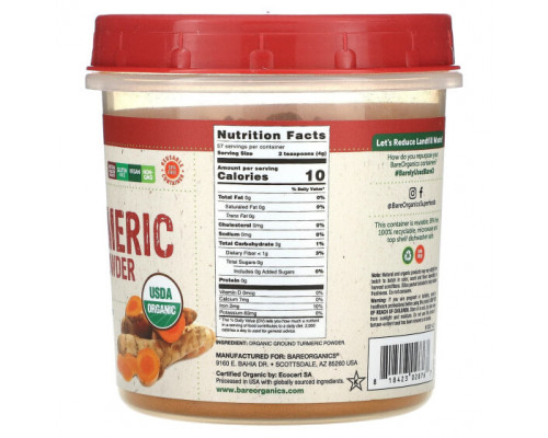 Антиоксиданты BareOrganics, Порошок из корня куркумы, 227 г (8 унций) Антиоксиданты BareOrganics, Порошок из корня куркумы, 227 г (8 унций)