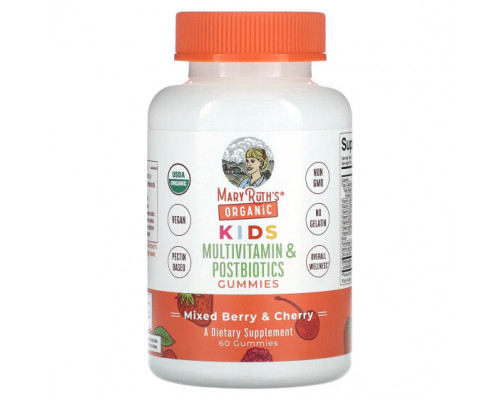 Детское здоровье MaryRuth Organics, Organic, для детей, мультивитамины и жевательные таблетки от постбиотиков, смесь ягод и вишни, 60 жевательных таблеток Детское здоровье MaryRuth Organics, Organic, для детей, мультивитамины и жевательные таблетки от постбиотиков, смесь ягод и вишни, 60 жевательных таблеток