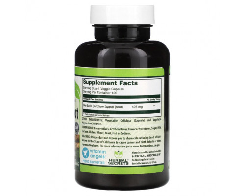 Растительные экстракты и настойки Herbal Secrets, Корень лопуха, 425 мг, 120 растительных капсул Растительные экстракты и настойки Herbal Secrets, Корень лопуха, 425 мг, 120 растительных капсул