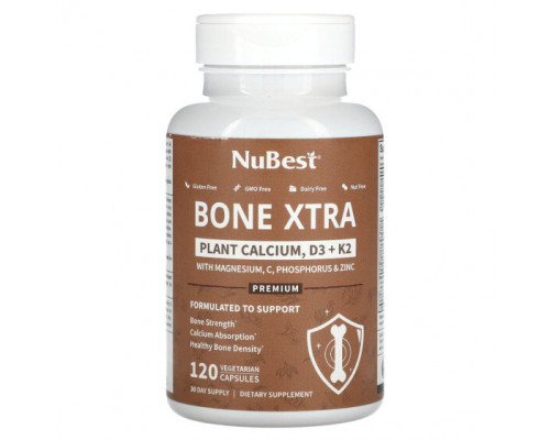 Кальций NuBest, Bone Xtra, растительный кальций, D3 и K2, 120 вегетарианских капсул Кальций NuBest, Bone Xtra, растительный кальций, D3 и K2, 120 вегетарианских капсул