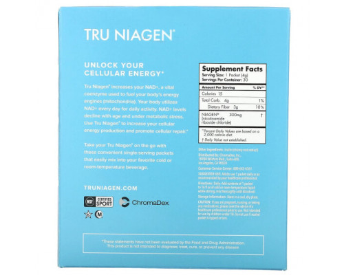 Витамины группы B Tru Niagen, увеличение содержания НАД+, никотинамид рибозид, без добавок, 30 пакетиков по 4 г (0,14 унции) Витамины группы B Tru Niagen, увеличение содержания НАД+, никотинамид рибозид, без добавок, 30 пакетиков по 4 г (0,14 унции)
