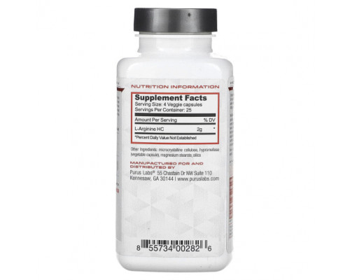 Аминокислоты Purus Labs, Foundation Series, L-аргинин, 100 растительных капсул Аминокислоты Purus Labs, Foundation Series, L-аргинин, 100 растительных капсул