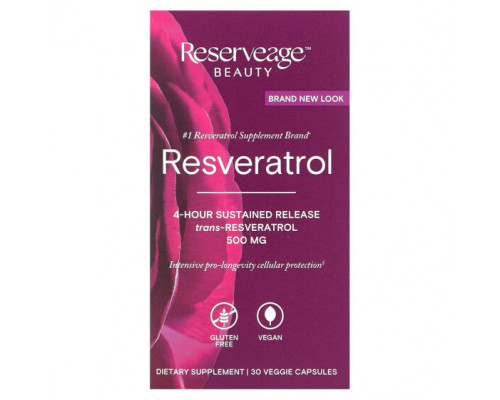 Ресвератрол Reserveage Nutrition, Ресвератрол, 4-часовое замедленное высвобождение, 500 мг, 30 растительных капсул Ресвератрол Reserveage Nutrition, Ресвератрол, 4-часовое замедленное высвобождение, 500 мг, 30 растительных капсул