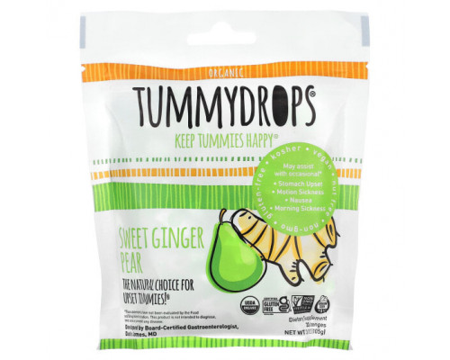 Имбирь и куркума Tummydrops, Леденцы для живота, со сладким имбирем и грушей, 33 пастилки Имбирь и куркума Tummydrops, Леденцы для живота, со сладким имбирем и грушей, 33 пастилки