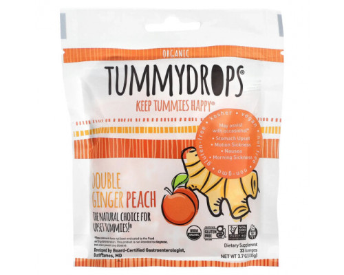 Для пищеварительной системы Tummydrops, Органический имбирь и персик, 33 пастилки, 105 г (3,7 унции) Для пищеварительной системы Tummydrops, Органический имбирь и персик, 33 пастилки, 105 г (3,7 унции)