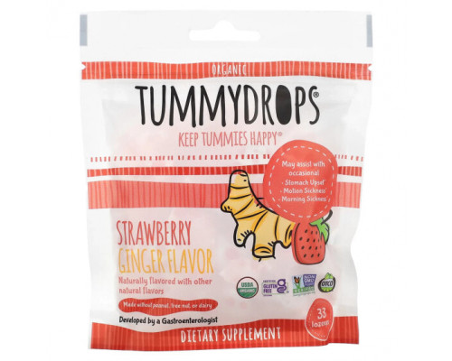 Имбирь и куркума Tummydrops, Органические капли для живота, клубника и имбирь, 33 пастилки Имбирь и куркума Tummydrops, Органические капли для живота, клубника и имбирь, 33 пастилки