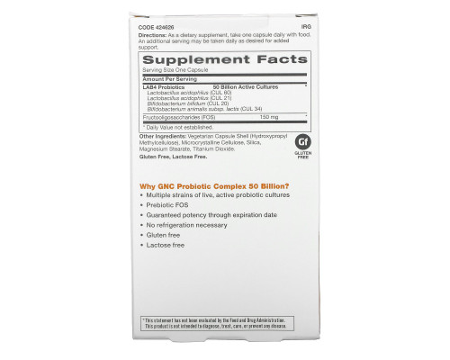 GNC, Probiotic Complex, Daily Need, 50 Billion CFU, 30 Vegetarian Capsules GNC, Probiotic Complex, Daily Need, 50 Billion CFU, 30 Vegetarian Capsules