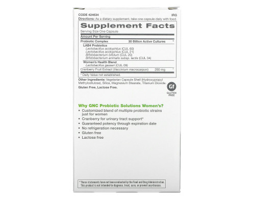 GNC, Women's Probiotic Solutions, 30 Billion CFU's, 30 Vegetarian Capsules GNC, Women's Probiotic Solutions, 30 Billion CFU's, 30 Vegetarian Capsules