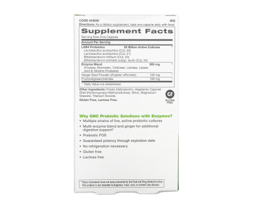 GNC, Probiotic Solutions with Enzymes, 25 Billion CFUs, 30 Vegetarian Capsules GNC, Probiotic Solutions with Enzymes, 25 Billion CFUs, 30 Vegetarian Capsules