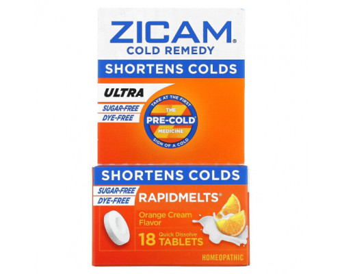 От гриппа и простуды Zicam, Ultra Cold Remedy, RapidMelts, апельсиновый крем, 18 быстрорастворимых таблеток От гриппа и простуды Zicam, Ultra Cold Remedy, RapidMelts, апельсиновый крем, 18 быстрорастворимых таблеток