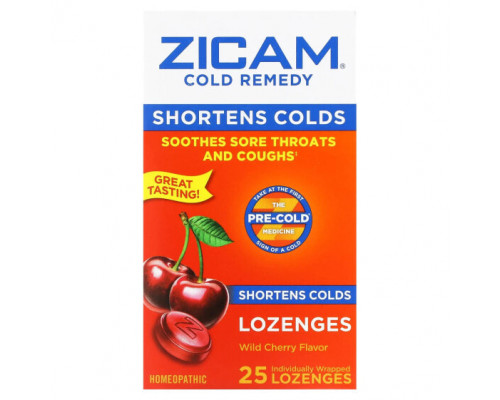 От гриппа и простуды Zicam, Средство от простуды, леденцы, дикая вишня, 25 леденцов в индивидуальной упаковке От гриппа и простуды Zicam, Средство от простуды, леденцы, дикая вишня, 25 леденцов в индивидуальной упаковке