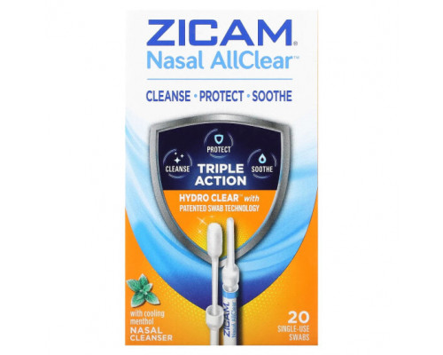 От гриппа и простуды Zicam, Nasal AllClear, очищающее средство для носа с охлаждающим ментолом, 20 тампонов От гриппа и простуды Zicam, Nasal AllClear, очищающее средство для носа с охлаждающим ментолом, 20 тампонов