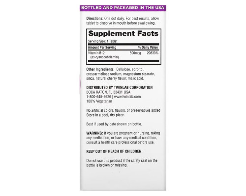 Twinlab, B12 Dots, Cherry, 500 mcg, 100 Tablets Twinlab, B12 Dots, Cherry, 500 mcg, 100 Tablets