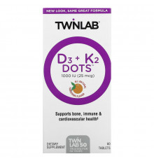 Twinlab, D3 Dots + K2, All-Natural Tangerine, 1000 IU (25 mcg) , 60 Tablets
