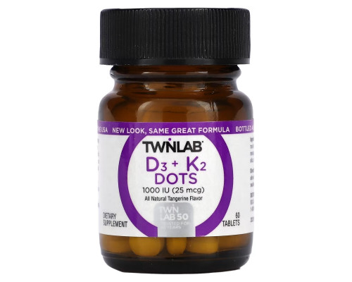 Twinlab, D3 Dots + K2, All-Natural Tangerine, 1000 IU (25 mcg) , 60 Tablets Twinlab, D3 Dots + K2, All-Natural Tangerine, 1000 IU (25 mcg) , 60 Tablets