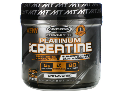 Muscletech, Essential Series, 100% микронизированный креатин Platinum, без запаха, 0,88 фунтов (400 г) Muscletech, Essential Series, 100% микронизированный креатин Platinum, без запаха, 0,88 фунтов (400 г)