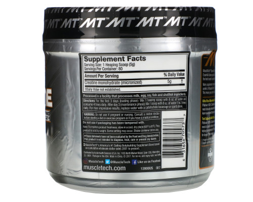 Muscletech, Essential Series, 100% микронизированный креатин Platinum, без запаха, 0,88 фунтов (400 г) Muscletech, Essential Series, 100% микронизированный креатин Platinum, без запаха, 0,88 фунтов (400 г)
