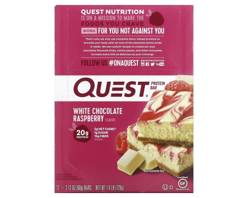 Quest Nutrition, Белковый батончик Quest, белый шоколад с малиной, 12 батончиков, 2,12 унц. (60 г)