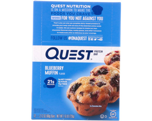 Quest Nutrition, QuestBar, Протеиновый Батончик, Черничный Маффин, 12 Батончиков, 2.1 унции (60 г) Каждый Quest Nutrition, QuestBar, Протеиновый Батончик, Черничный Маффин, 12 Батончиков, 2.1 унции (60 г) Каждый