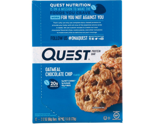 Quest Nutrition, QuestBar, Protein Bar, Oatmeal Chocolate Chip, 12 Bars, 2.1 oz (60 g) Each Quest Nutrition, QuestBar, Protein Bar, Oatmeal Chocolate Chip, 12 Bars, 2.1 oz (60 g) Each