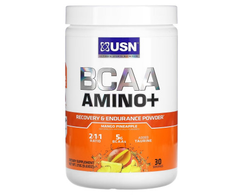 USN, BCAA Amino+, Recovery & Endurance Powder, Mango Pineapple, 9.63 oz (273 g) USN, BCAA Amino+, Recovery & Endurance Powder, Mango Pineapple, 9.63 oz (273 g)