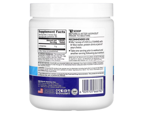 USN, Glutamine Micronized Powder, Unflavored, 5 g, 10.58 oz (300 g) USN, Glutamine Micronized Powder, Unflavored, 5 g, 10.58 oz (300 g)