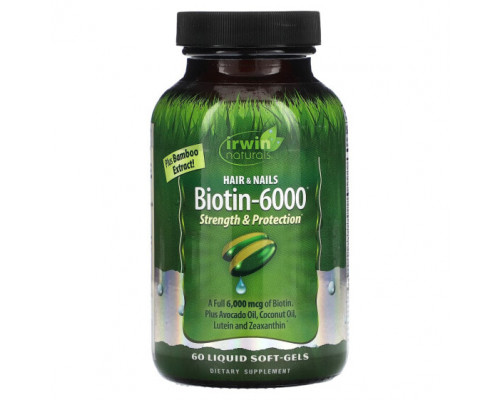 Для волос и ногтей Irwin Naturals, Биотин-6000`` 60 мягких таблеток Для волос и ногтей Irwin Naturals, Биотин-6000`` 60 мягких таблеток