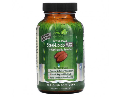 Мужское здоровье Irwin Naturals, Steel Libido Max 3 + бустер с оксидом азота, 75 желатиновых капсул Мужское здоровье Irwin Naturals, Steel Libido Max 3 + бустер с оксидом азота, 75 желатиновых капсул