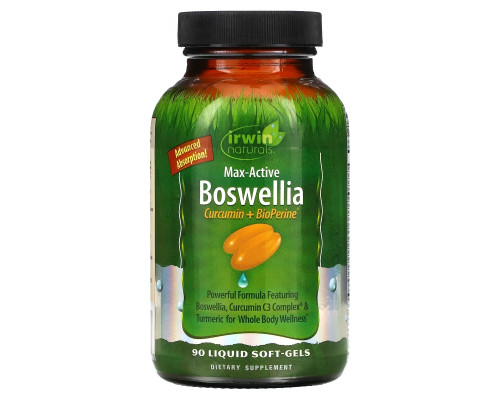 Irwin Naturals, Max-Active Boswellia, Curcumin + BioPerine, 90 Liquid Soft-Gels Irwin Naturals, Max-Active Boswellia, Curcumin + BioPerine, 90 Liquid Soft-Gels