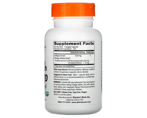 Doctor's Best Гинкго Дополнительного Действия 120 овощных капсул Doctor's Best Гинкго Дополнительного Действия 120 овощных капсул