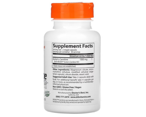 Doctor's Best, Ацетил-L-карнитин с Biosint Carnitines, 500 мг, 60 вегетарианских капсул