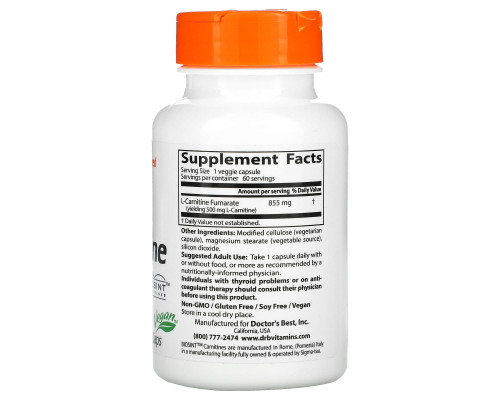 Doctor's Best, L-карнитин фумарат с биосинт карнитином, 855 мг, 60 вегакапсул Doctor's Best, L-карнитин фумарат с биосинт карнитином, 855 мг, 60 вегакапсул
