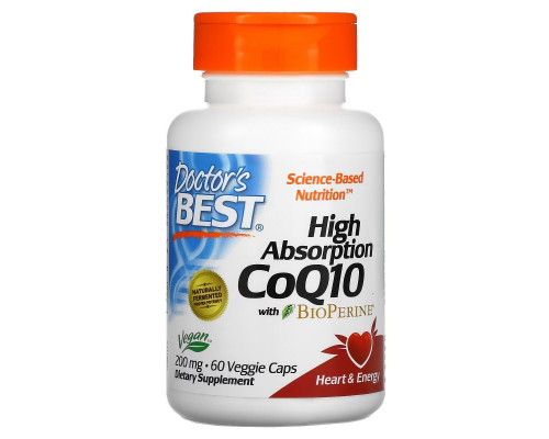 Doctor's Best, Ко-энзим High Absorption CoQ10 высокой абсорбции с биоперином, 200 мг, 60 вегетарианских капсул Doctor's Best, Ко-энзим High Absorption CoQ10 высокой абсорбции с биоперином, 200 мг, 60 вегетарианских капсул
