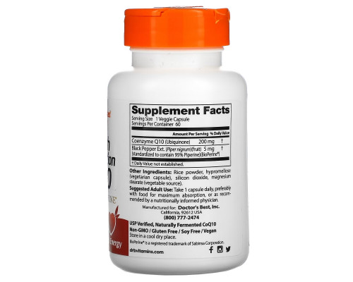 Doctor's Best, Ко-энзим High Absorption CoQ10 высокой абсорбции с биоперином, 200 мг, 60 вегетарианских капсул Doctor's Best, Ко-энзим High Absorption CoQ10 высокой абсорбции с биоперином, 200 мг, 60 вегетарианских капсул