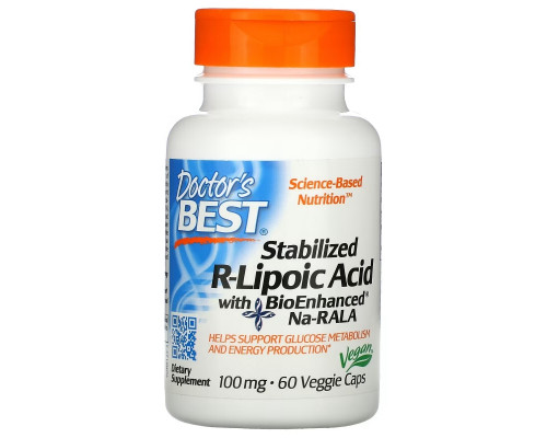Doctor's Best, Стабилизирующая R-липоевая кислота (Best Stabilized R-Lipoic Acid), 100 мг, 60 растительных капсул Doctor's Best, Стабилизирующая R-липоевая кислота (Best Stabilized R-Lipoic Acid), 100 мг, 60 растительных капсул