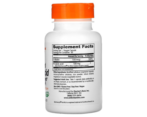 Doctor's Best, Стабилизирующая R-липоевая кислота (Best Stabilized R-Lipoic Acid), 100 мг, 60 растительных капсул Doctor's Best, Стабилизирующая R-липоевая кислота (Best Stabilized R-Lipoic Acid), 100 мг, 60 растительных капсул