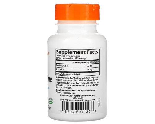 Doctor's Best, Бенфотиамин 150 с BenfoPure, 150 мг, 120 вегетарианских капсул Doctor's Best, Бенфотиамин 150 с BenfoPure, 150 мг, 120 вегетарианских капсул