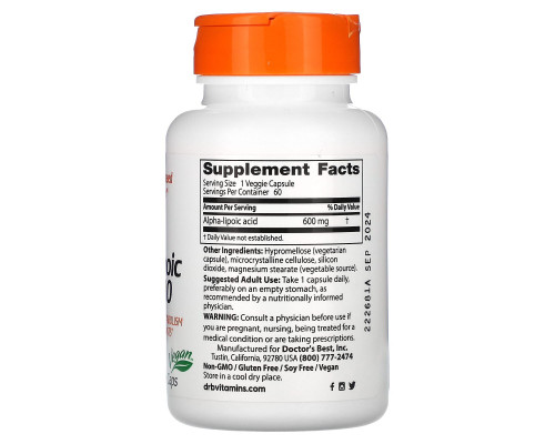 Doctor's Best, Альфа-липоевая кислота (Best Alpha-Lipoic Acid), 600 мг, 60 растительных капсул Doctor's Best, Альфа-липоевая кислота (Best Alpha-Lipoic Acid), 600 мг, 60 растительных капсул