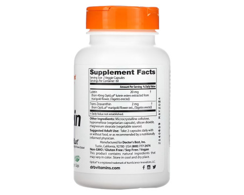Doctor's Best, Lutein with OptiLut, 10 мг, 120 вегетарианских капсул Doctor's Best, Lutein with OptiLut, 10 мг, 120 вегетарианских капсул