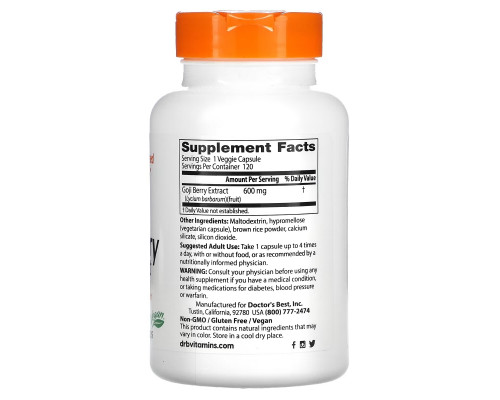 Doctor's Best, Goji Berry Extract, 600 mg, 120 Veggie Caps Doctor's Best, Goji Berry Extract, 600 mg, 120 Veggie Caps