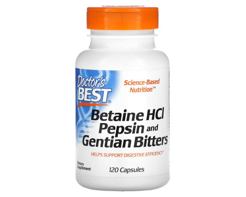 Doctor's Best, Горькая настойка из бетаина гидрохлорида, пепсина и генцианы (Betaine HCL Pepsin & Gentian Bitters), 120 капсул Doctor's Best, Горькая настойка из бетаина гидрохлорида, пепсина и генцианы (Betaine HCL Pepsin & Gentian Bitters), 120 капсул