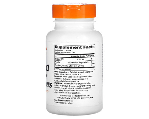 Doctor's Best, Горькая настойка из бетаина гидрохлорида, пепсина и генцианы (Betaine HCL Pepsin & Gentian Bitters), 120 капсул Doctor's Best, Горькая настойка из бетаина гидрохлорида, пепсина и генцианы (Betaine HCL Pepsin & Gentian Bitters), 120 капсул