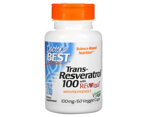 Doctor's Best, Лучший транс-ресвератрол 100, 100 мг, 60 растительных капсул Doctor's Best, Лучший транс-ресвератрол 100, 100 мг, 60 растительных капсул