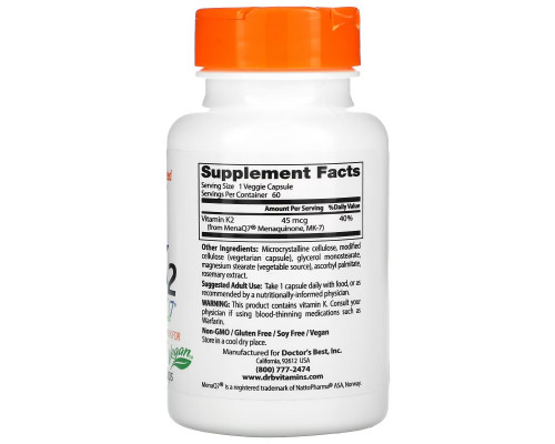 Doctor's Best Натуральный витамин K2 Mena Q7 45 мкг 60 растительных капсул Doctor's Best Натуральный витамин K2 Mena Q7 45 мкг 60 растительных капсул