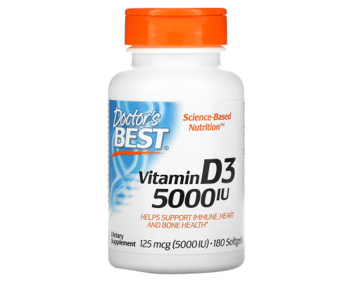 Doctor's Best, Витамин D3, 125 мкг (5000 МЕ), 180 мягких таблеток Doctor's Best, Витамин D3, 125 мкг (5000 МЕ), 180 мягких таблеток