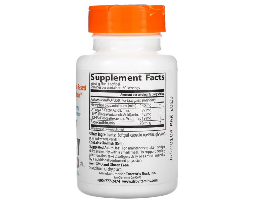 Doctor's Best Real Krill 350 мг 60 гелевых капсул Doctor's Best Real Krill 350 мг 60 гелевых капсул