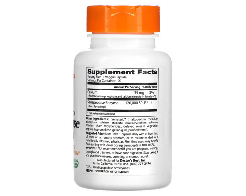Doctor's Best Высокоэффективная серрапептаза (Best High Potency Serrapeptase) 120 000 SPU 90 растительных капсул Doctor's Best Высокоэффективная серрапептаза (Best High Potency Serrapeptase) 120 000 SPU 90 растительных капсул