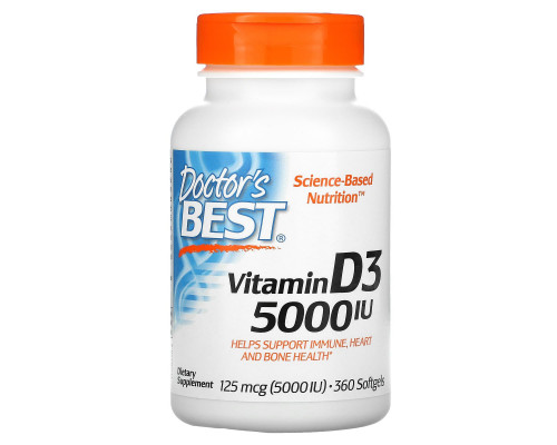 Doctor's Best, Витамин D3, 5000 МЕ, 360 мягких капсул Doctor's Best, Витамин D3, 5000 МЕ, 360 мягких капсул